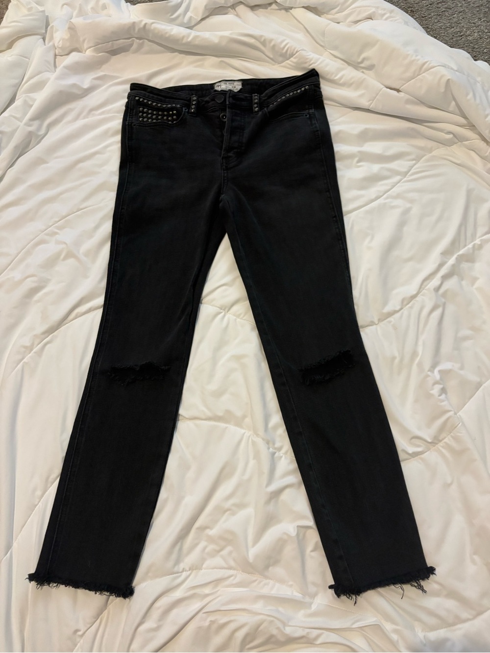 Free People “Rocker” Black Distressed Studded Detail Skinny Jeans